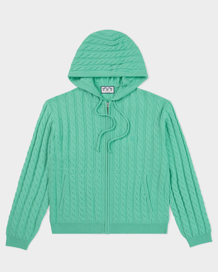 a green sweater with a hood